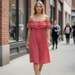 Go Coco Summer Breeze Off-Shoulder Red Striped Dress•3X